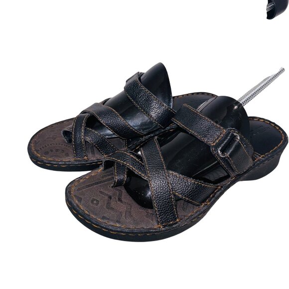 Autumn Run Leather Strappy Sandal Black 9 Cushion Comfort Wedge Adjustable Strap - Picture 2 of 10